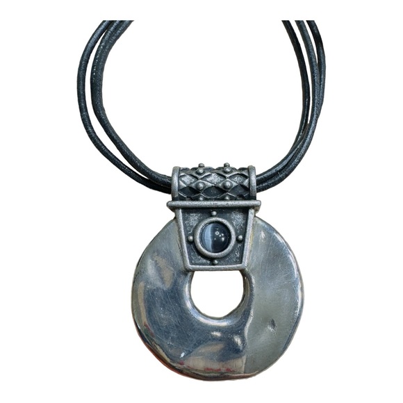 Chico’s Silver Pendant With Blue Tiger Eye Stone and Leather Necklace 11.5” Long - Picture 7 of 10